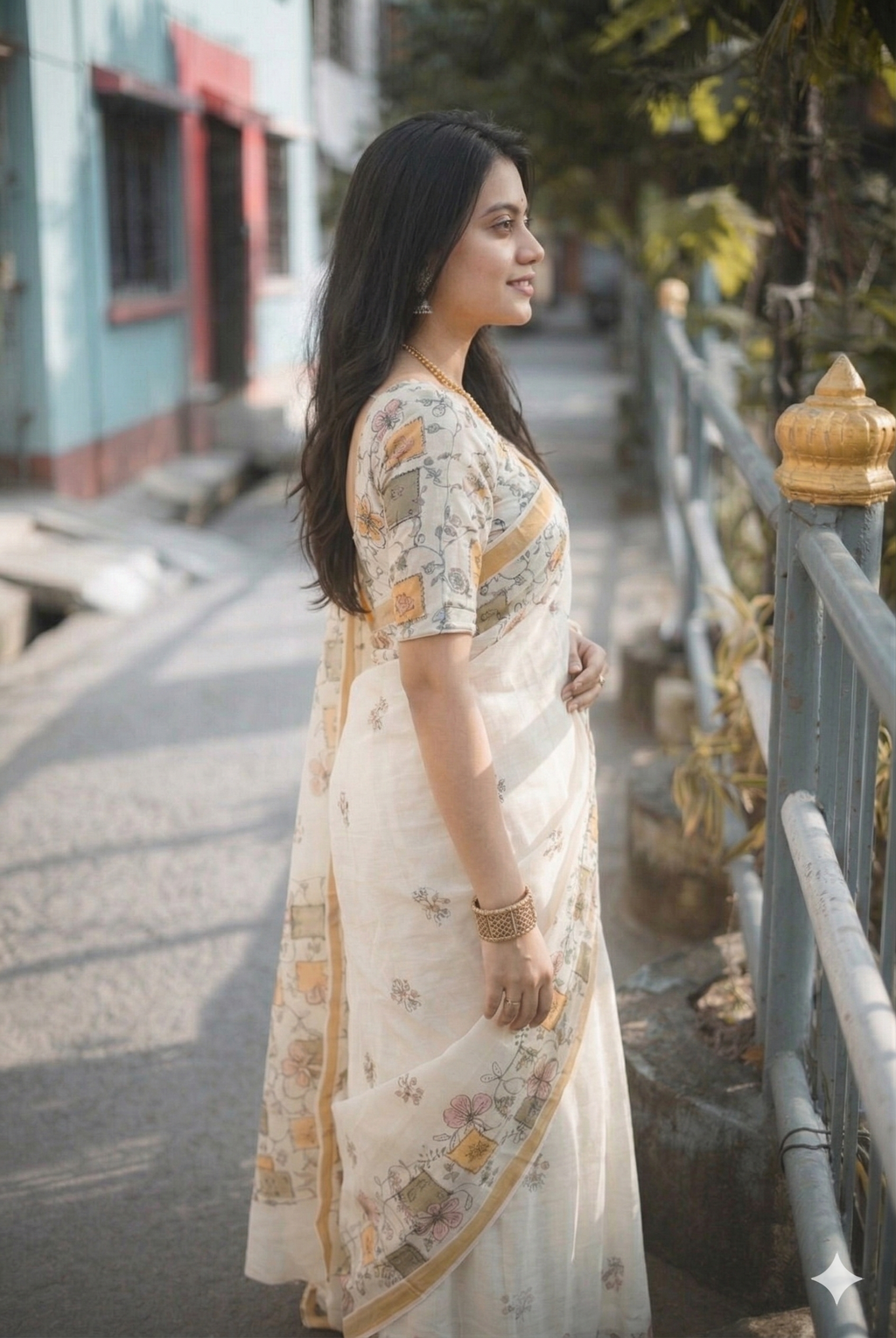Breezy Ivory Cotton Saree with Pastel Floral & Geometric Block Print - Pallavi