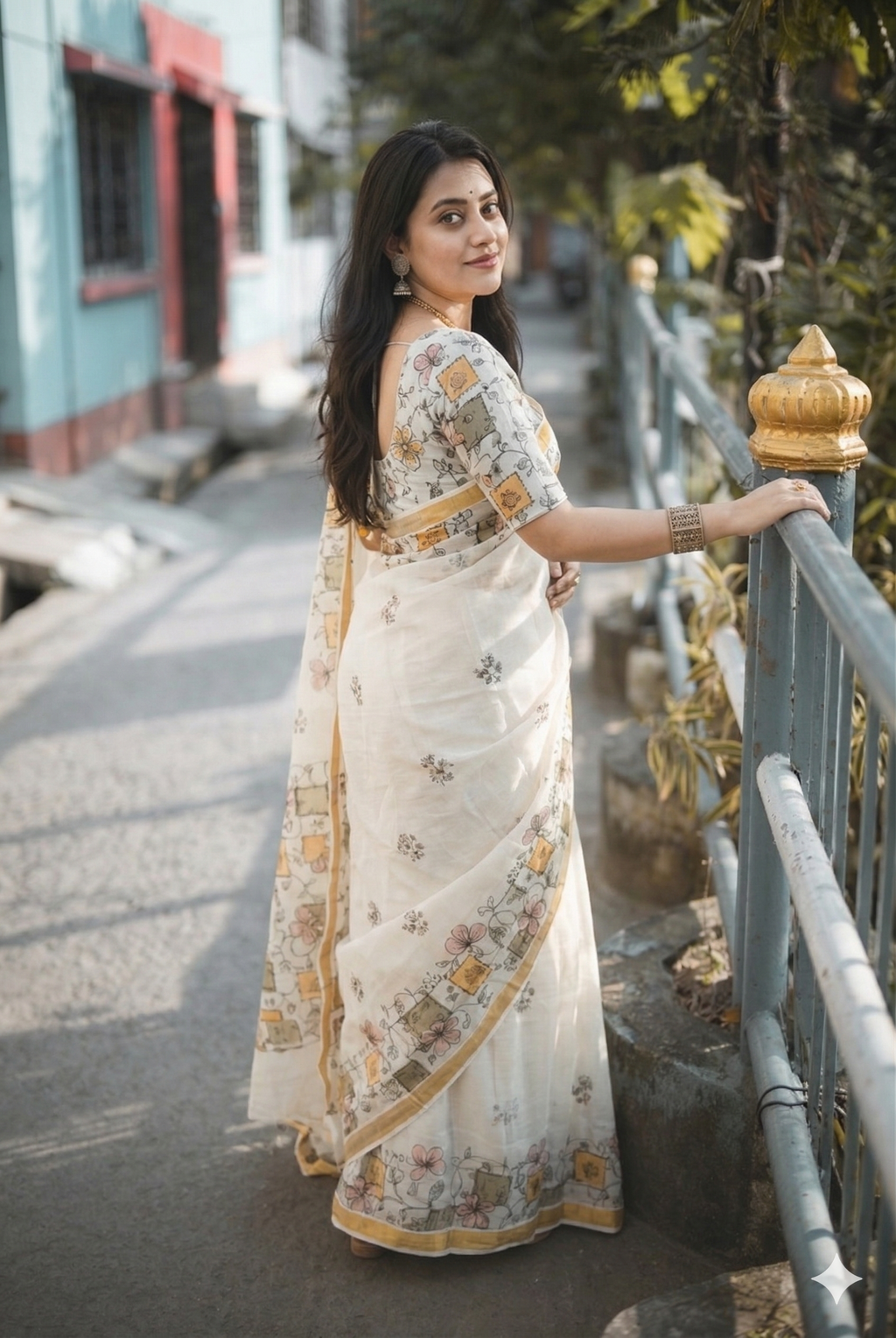 Breezy Ivory Cotton Saree with Pastel Floral & Geometric Block Print - Pallavi