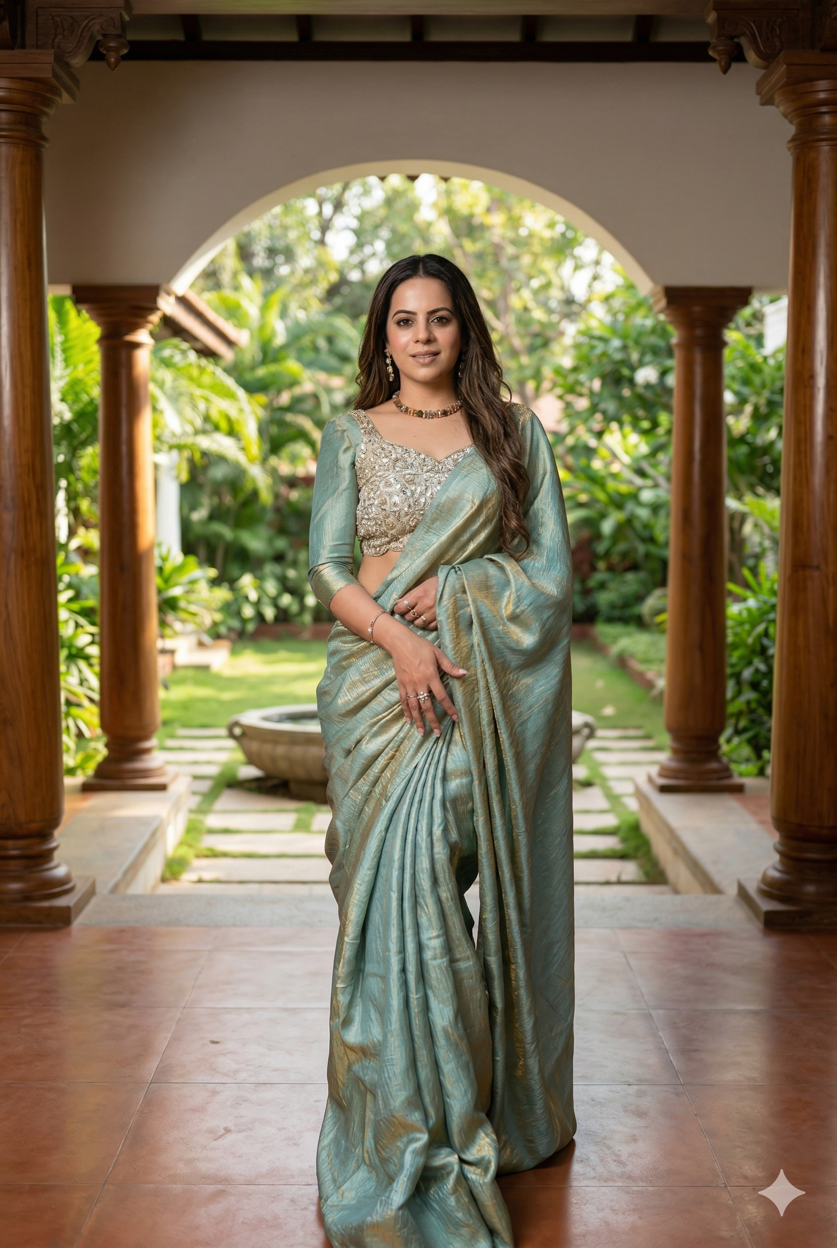 Luminous Mint Green Tissue Silk Saree with Heavy Embroidered Blouse - Avani