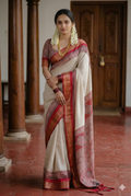 Elegant Ivory & Crimson Traditional Saree with Gold Zari Border - Ahalya