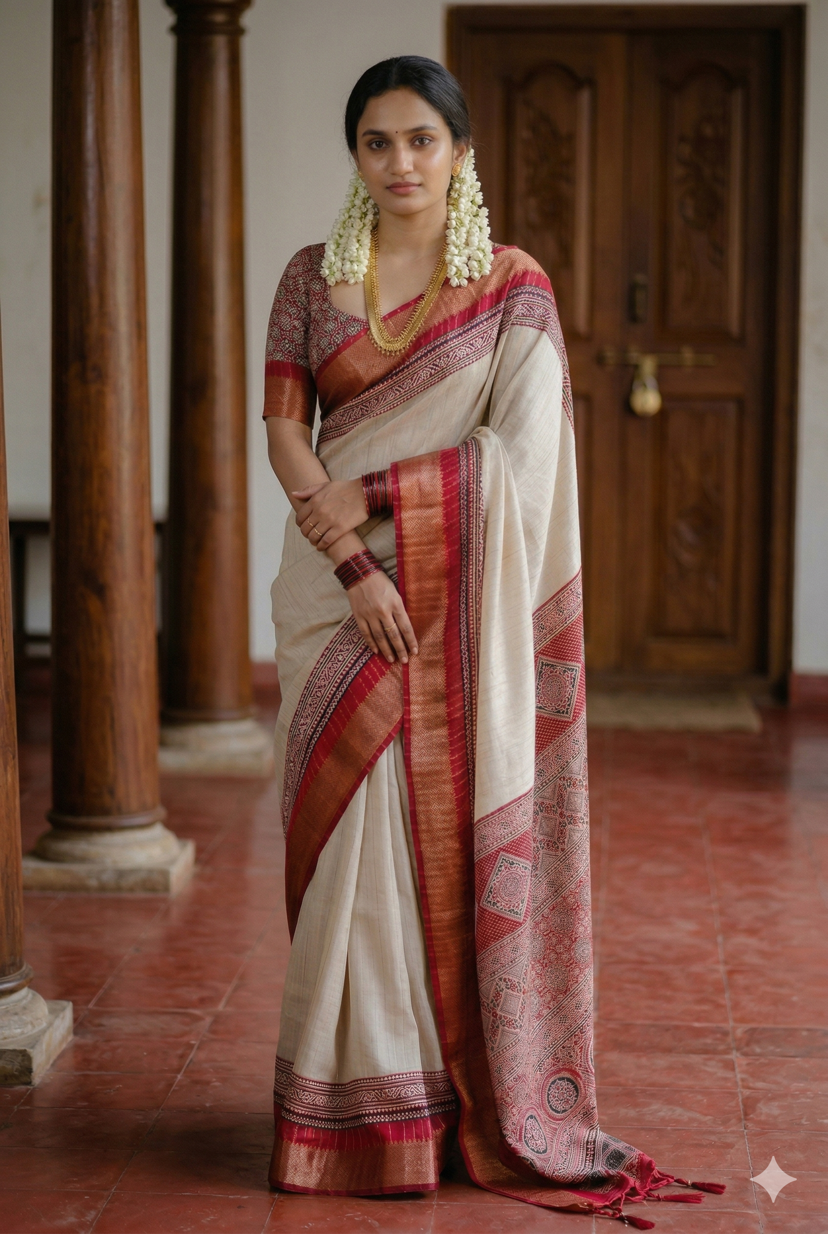 Elegant Ivory & Crimson Traditional Saree with Gold Zari Border - Ahalya
