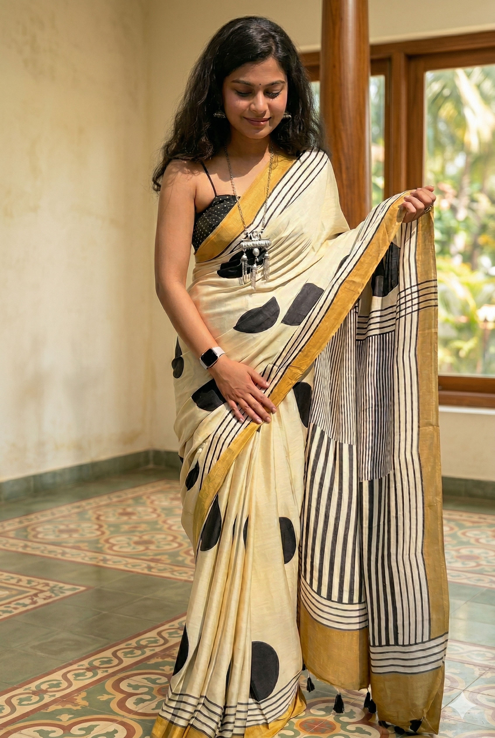 Contemporary Ivory Linen Saree with Bold Polka Dots & Mustard Border
