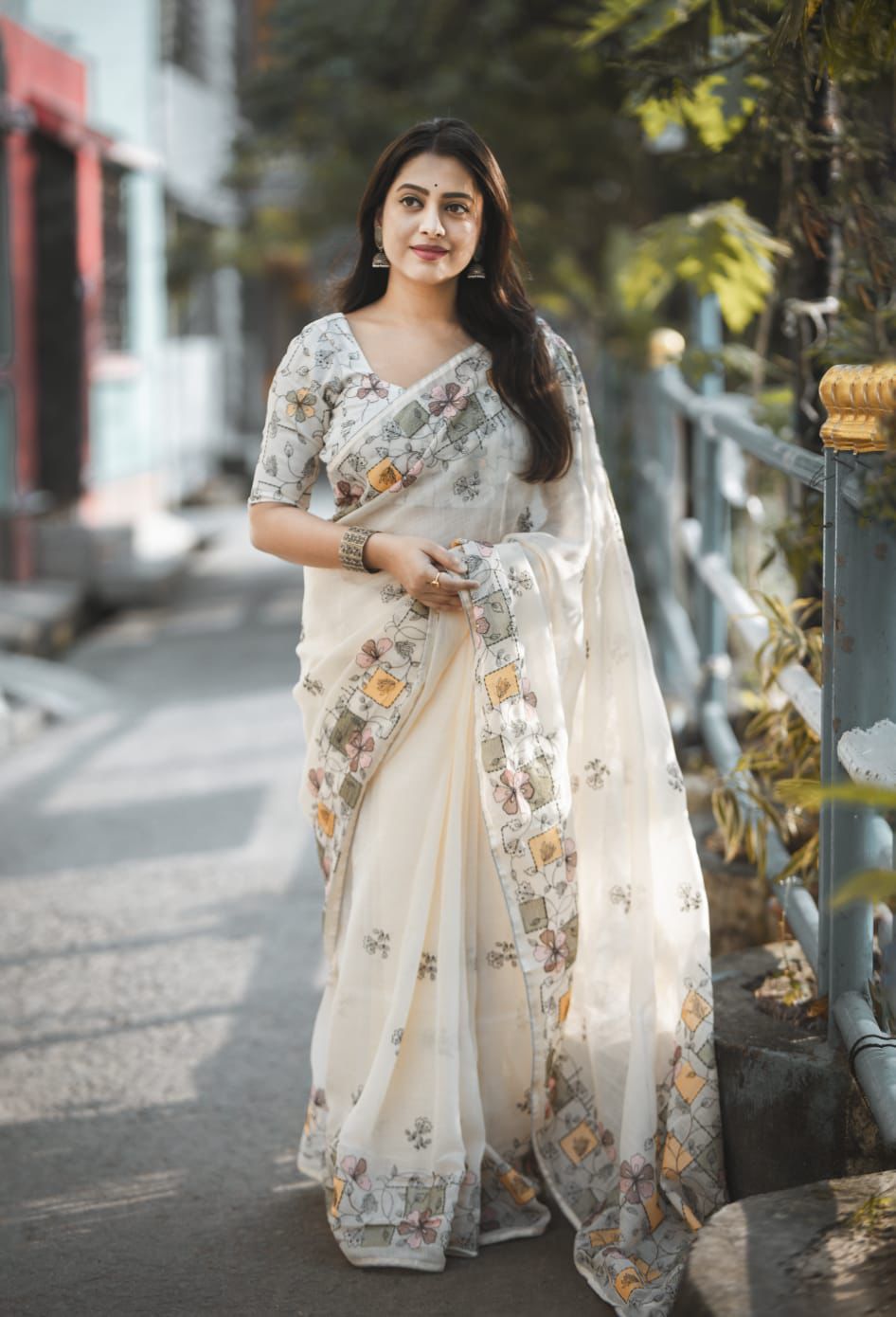 Breezy Ivory Cotton Saree with Pastel Floral & Geometric Block Print - Pallavi